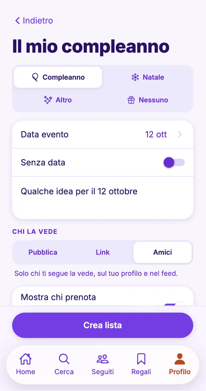 Schermata di creazione di una lista di compleanno