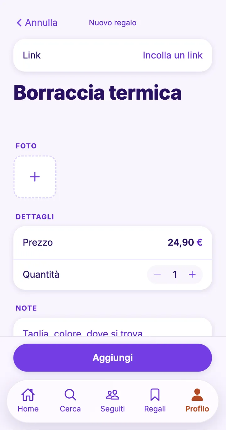 Schermata per aggiungere un regalo con nome e prezzo