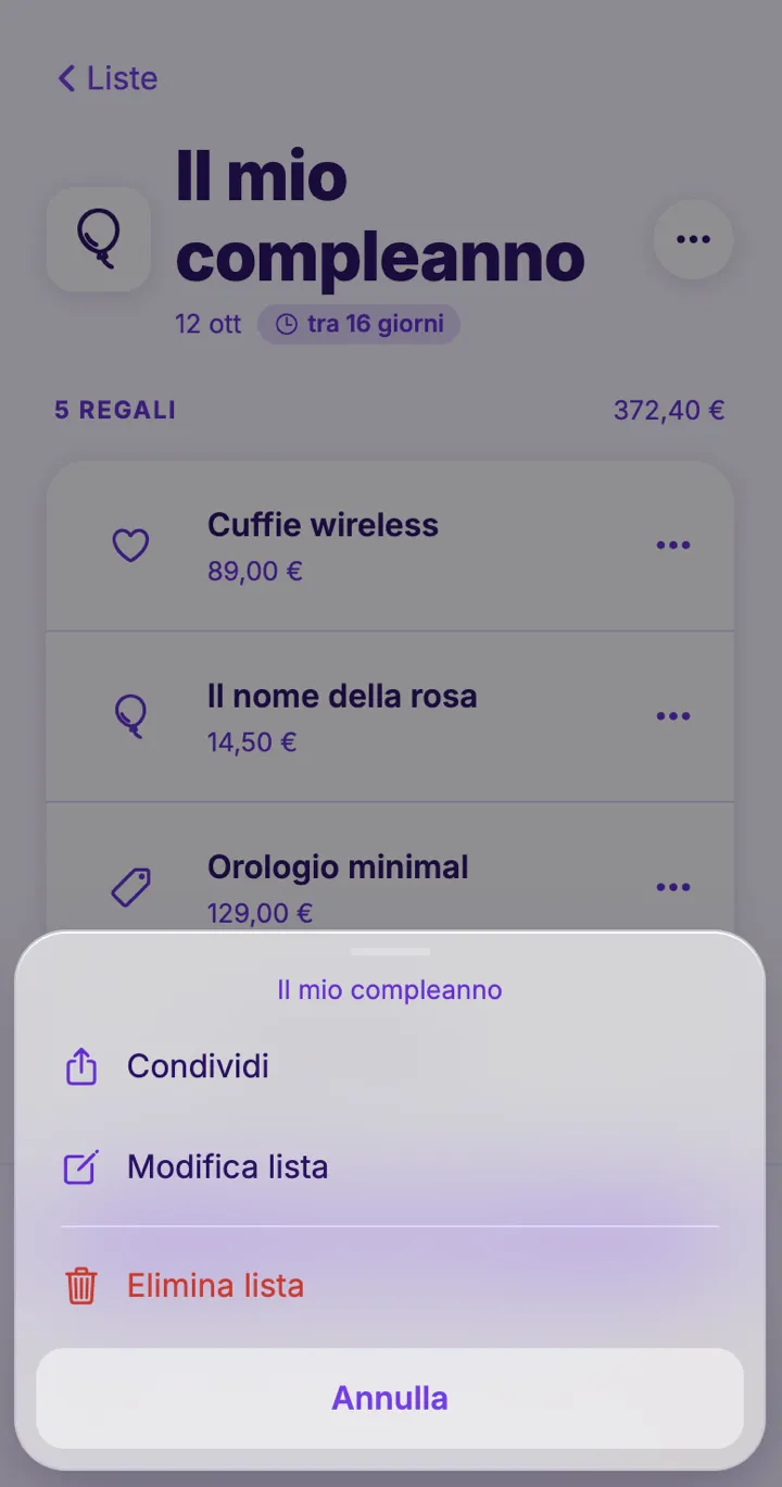 Menu della lista con l'opzione Condividi
