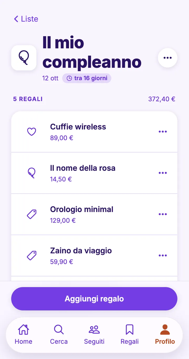 La stessa lista vista da chi festeggia, senza prenotazioni